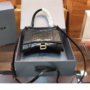 Balenciaga WOMEN'S HOURGLASS SMALL HANDBAG CROCODILE EMBOSSED IN BLACK